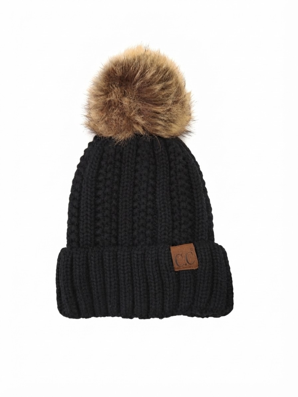 C.C For Women Black Knit Pom Beanie with Brown Faux Fur Pom
